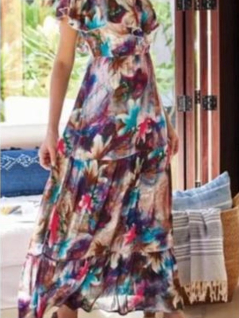 Soft Surroundings Medium Tiered Maxi Dress Multicolor Floral Ruffle Lightweight